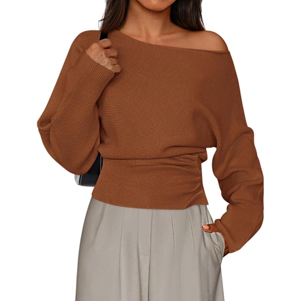 imagePRETTYGARDEN Women Off The Shoulder Sweater 2026 Fall Trendy Long Batwing Sleeve Knit Pullover Going Out Tops Winter ClothingCaramel