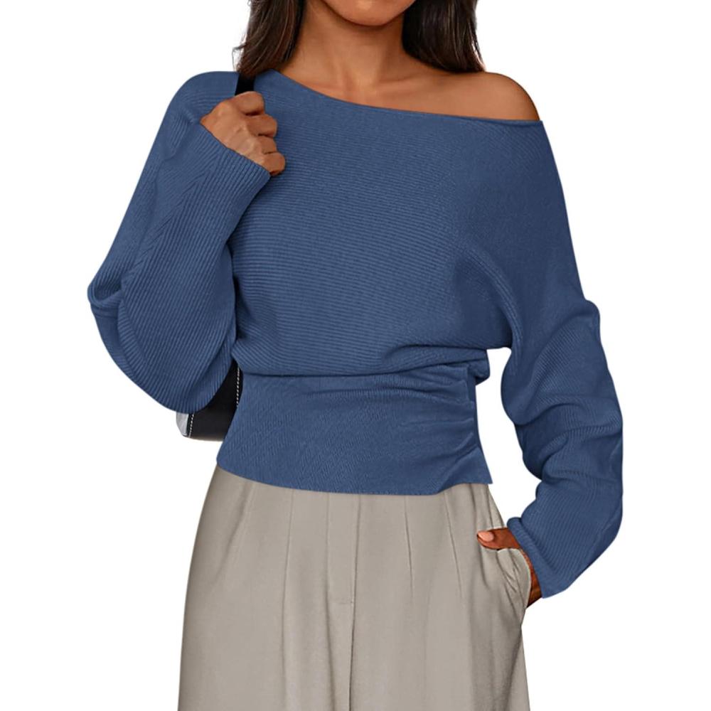 imagePRETTYGARDEN Women Off The Shoulder Sweater 2026 Fall Trendy Long Batwing Sleeve Knit Pullover Going Out Tops Winter ClothingDark Blue
