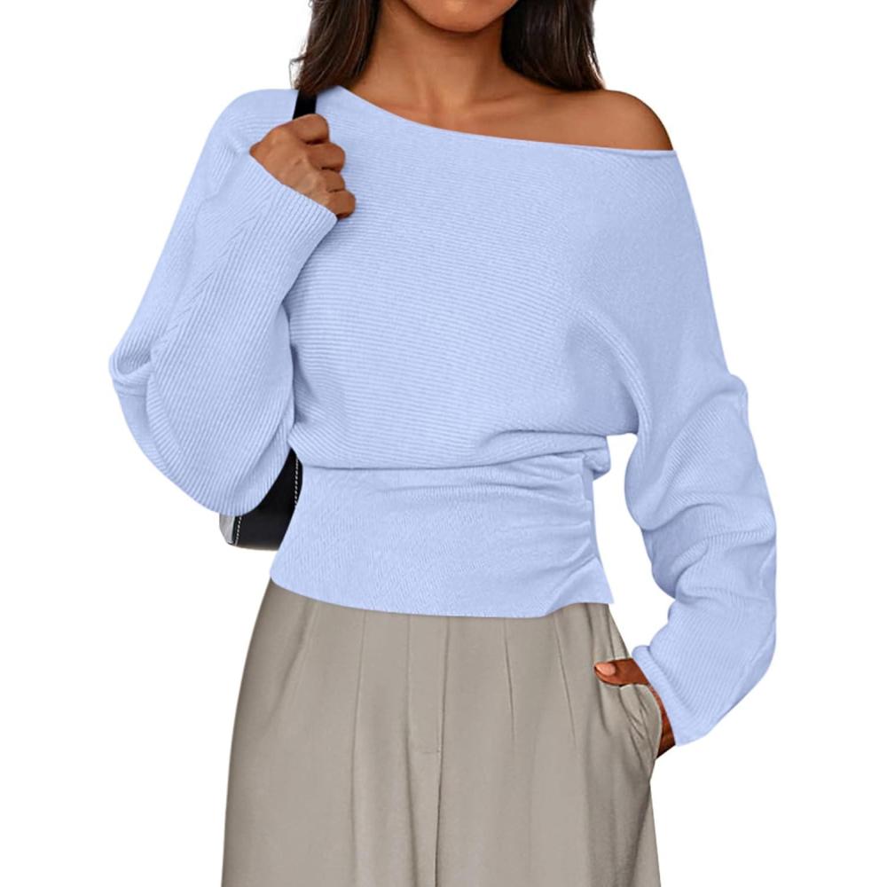 imagePRETTYGARDEN Women Off The Shoulder Sweater 2026 Fall Trendy Long Batwing Sleeve Knit Pullover Going Out Tops Winter ClothingLight Blue