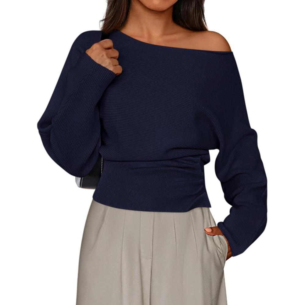 imagePRETTYGARDEN Women Off The Shoulder Sweater 2026 Fall Trendy Long Batwing Sleeve Knit Pullover Going Out Tops Winter ClothingNavy Blue
