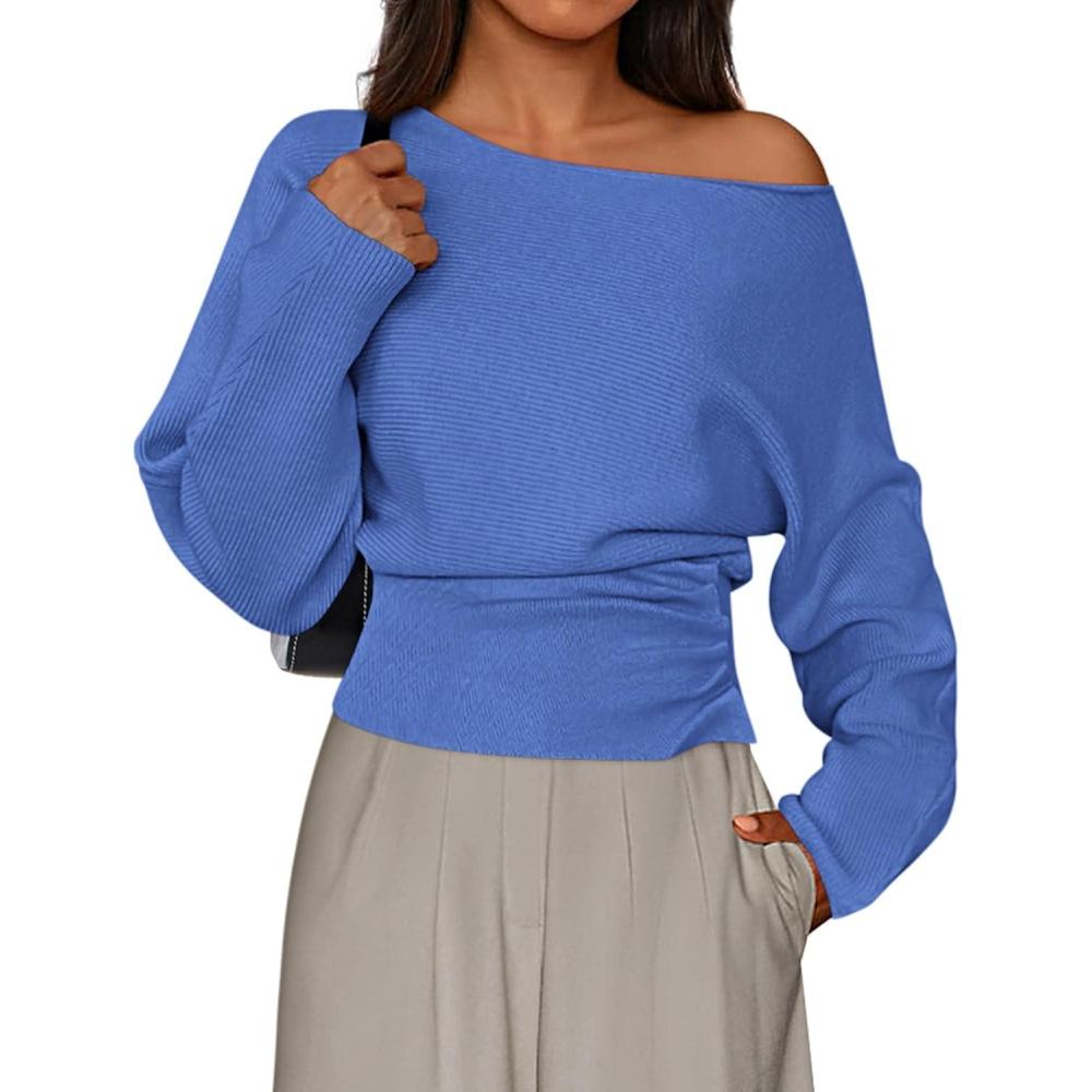 imagePRETTYGARDEN Women Off The Shoulder Sweater 2026 Fall Trendy Long Batwing Sleeve Knit Pullover Going Out Tops Winter ClothingSky Blue