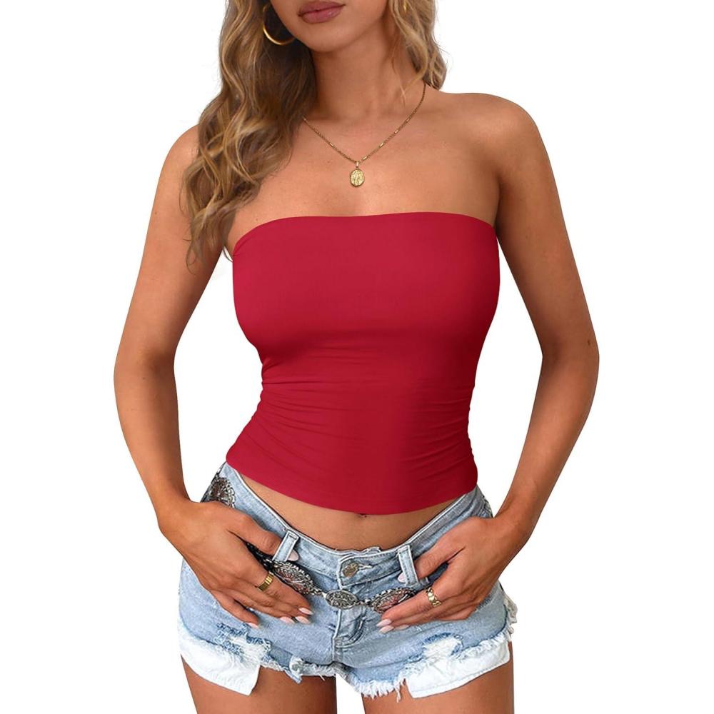 imagePRETTYGARDEN Women Tube Tops Strapless Going Out Crop Top 2026 Spring Fashion Y2K Summer Bandeau Shirt Beach Vacation ClothesRed
