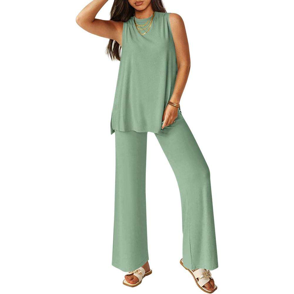 imagePRETTYGARDEN Womens 2 Piece Lounge Set 2026 Summer Casual Tank Top Wide Leg Pants Matching Travel Outfits Clothes TracksuitBean Green