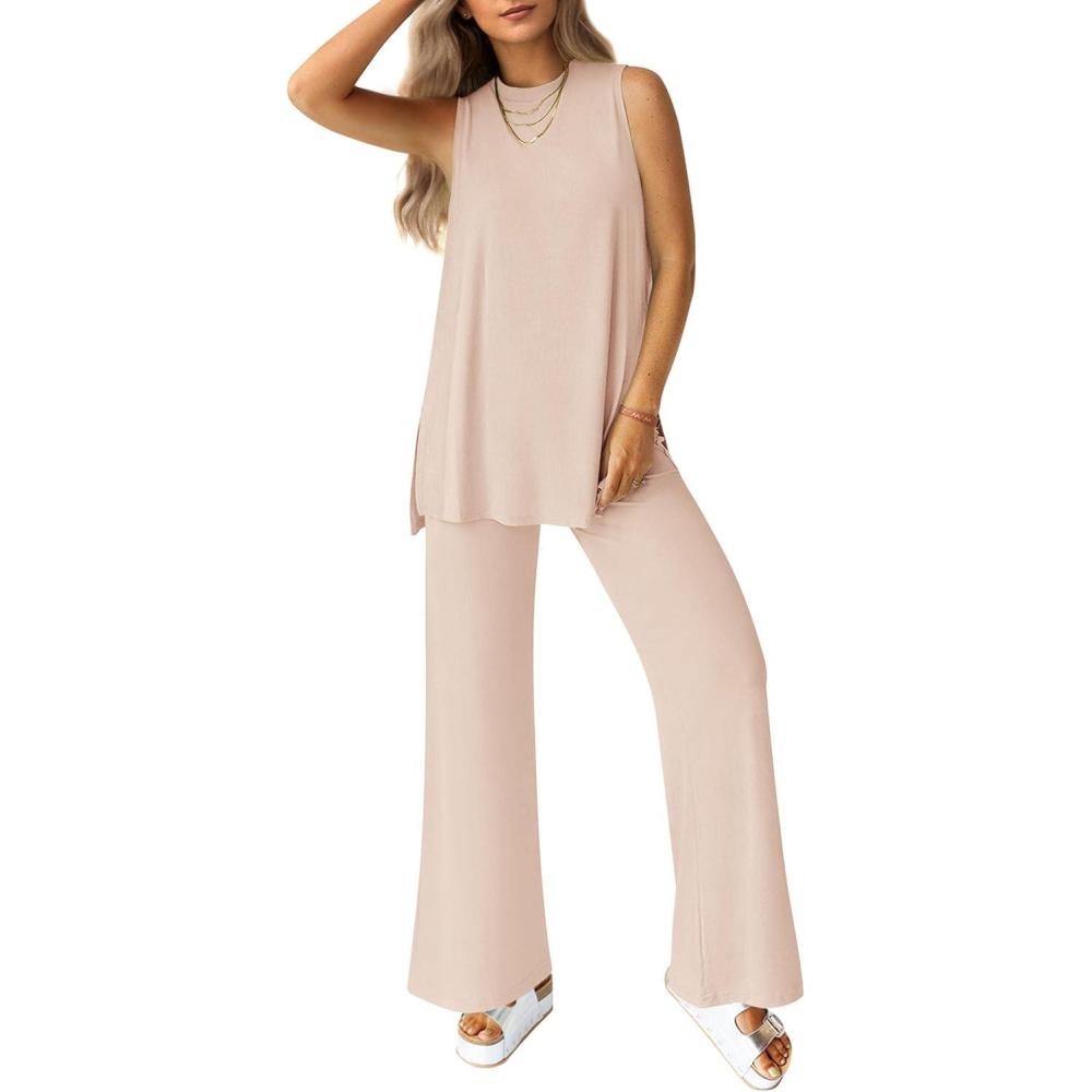imagePRETTYGARDEN Womens 2 Piece Lounge Set 2026 Summer Casual Tank Top Wide Leg Pants Matching Travel Outfits Clothes TracksuitBeige