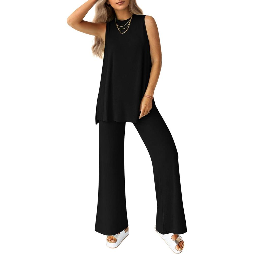 imagePRETTYGARDEN Womens 2 Piece Lounge Set 2026 Summer Casual Tank Top Wide Leg Pants Matching Travel Outfits Clothes TracksuitBlack