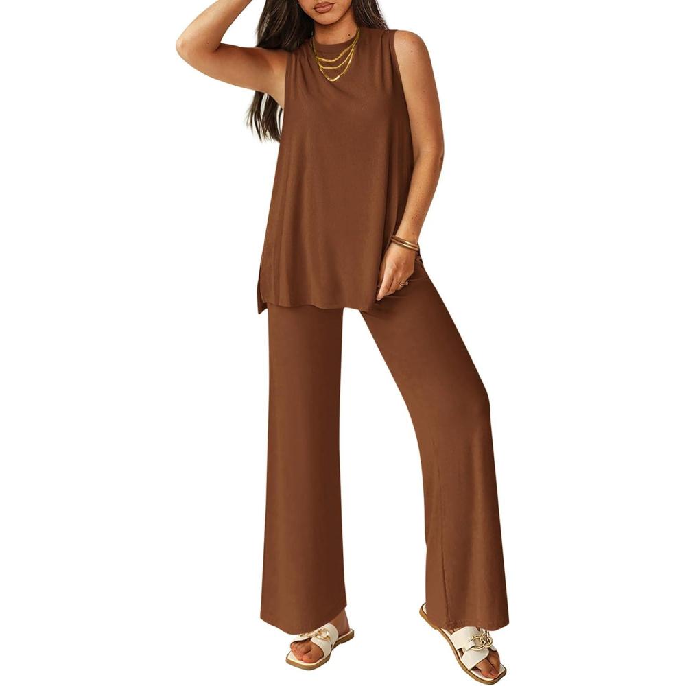 imagePRETTYGARDEN Womens 2 Piece Lounge Set 2026 Summer Casual Tank Top Wide Leg Pants Matching Travel Outfits Clothes TracksuitBrown