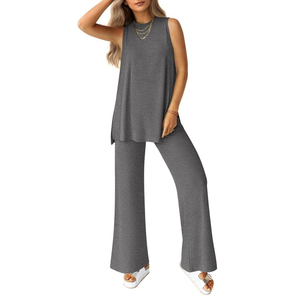 imagePRETTYGARDEN Womens 2 Piece Lounge Set 2026 Summer Casual Tank Top Wide Leg Pants Matching Travel Outfits Clothes TracksuitDark Grey