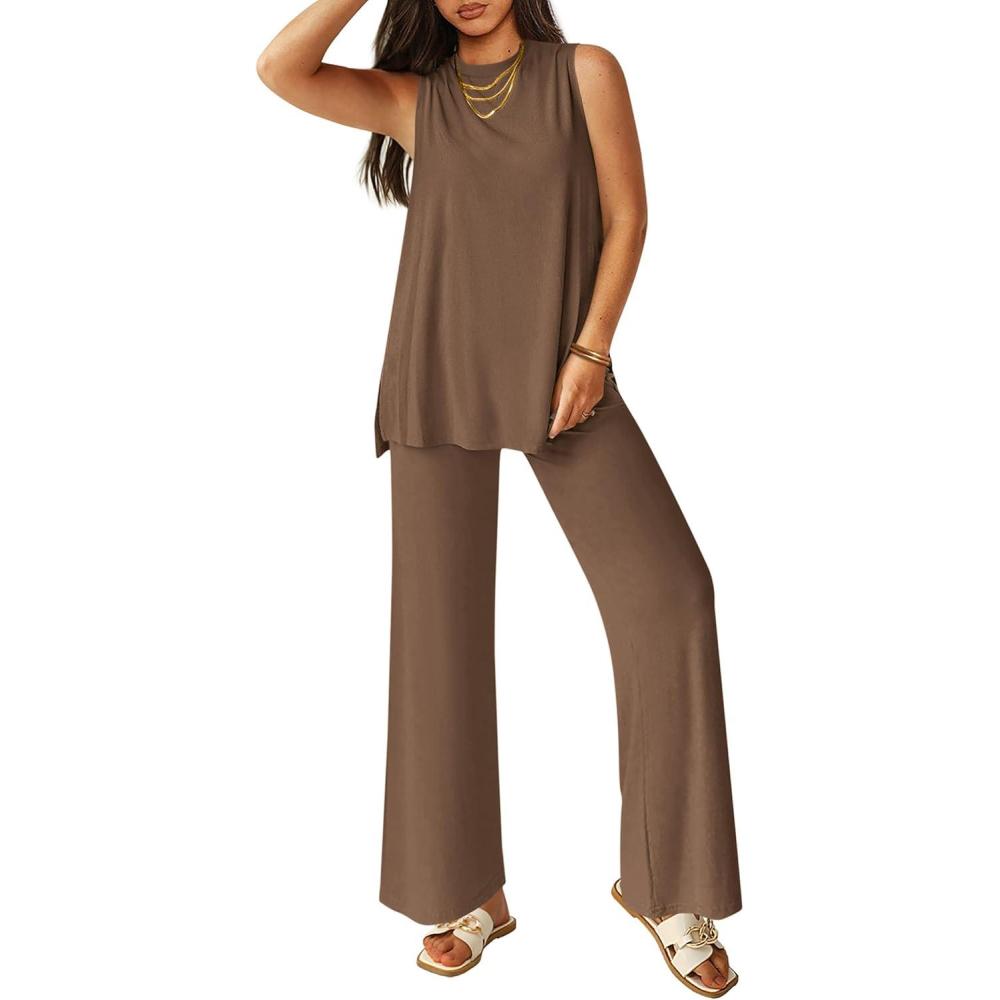 imagePRETTYGARDEN Womens 2 Piece Lounge Set 2026 Summer Casual Tank Top Wide Leg Pants Matching Travel Outfits Clothes TracksuitDark Khaki