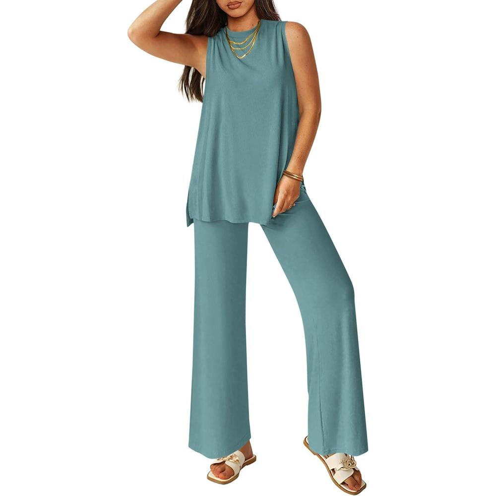 imagePRETTYGARDEN Womens 2 Piece Lounge Set 2026 Summer Casual Tank Top Wide Leg Pants Matching Travel Outfits Clothes TracksuitFruit Green