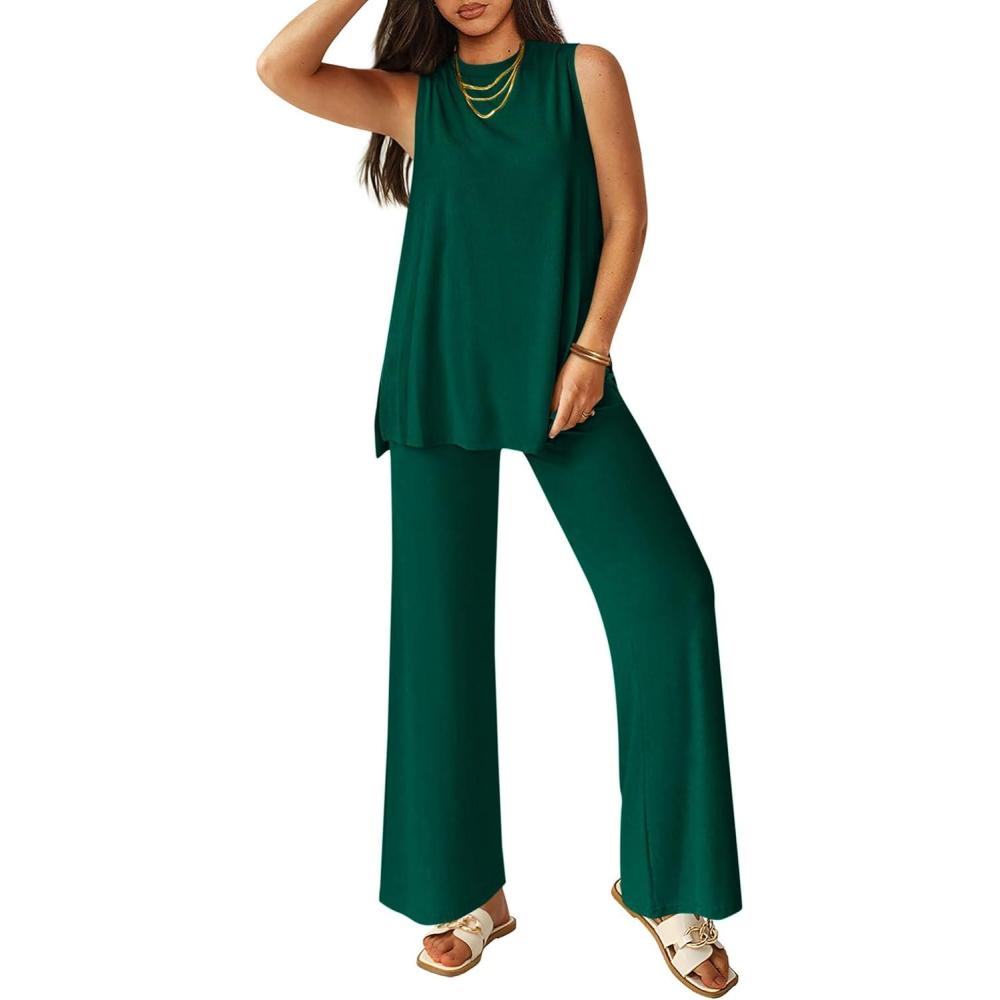 imagePRETTYGARDEN Womens 2 Piece Lounge Set 2026 Summer Casual Tank Top Wide Leg Pants Matching Travel Outfits Clothes TracksuitGreen