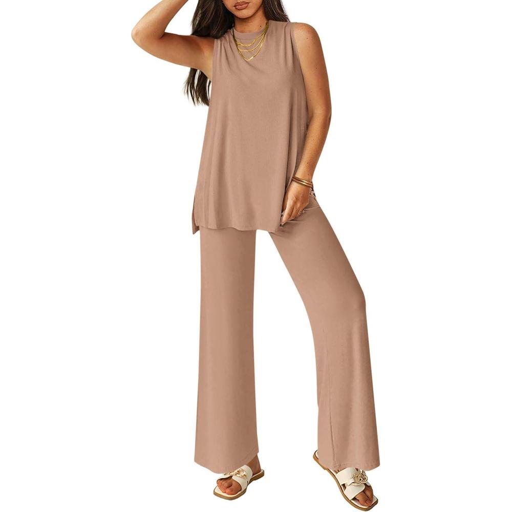 imagePRETTYGARDEN Womens 2 Piece Lounge Set 2026 Summer Casual Tank Top Wide Leg Pants Matching Travel Outfits Clothes TracksuitKhaki