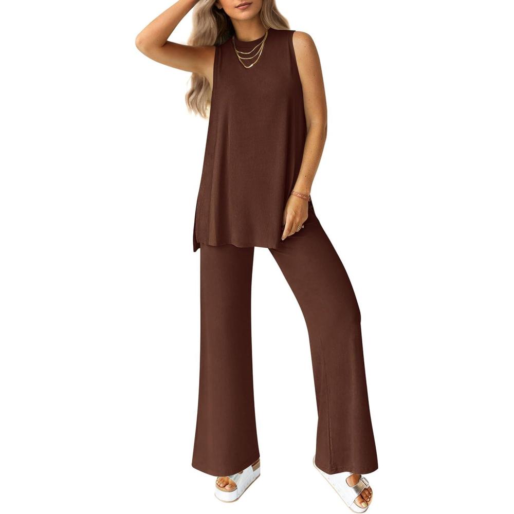 imagePRETTYGARDEN Womens 2 Piece Lounge Set 2026 Summer Casual Tank Top Wide Leg Pants Matching Travel Outfits Clothes TracksuitLight Coffee