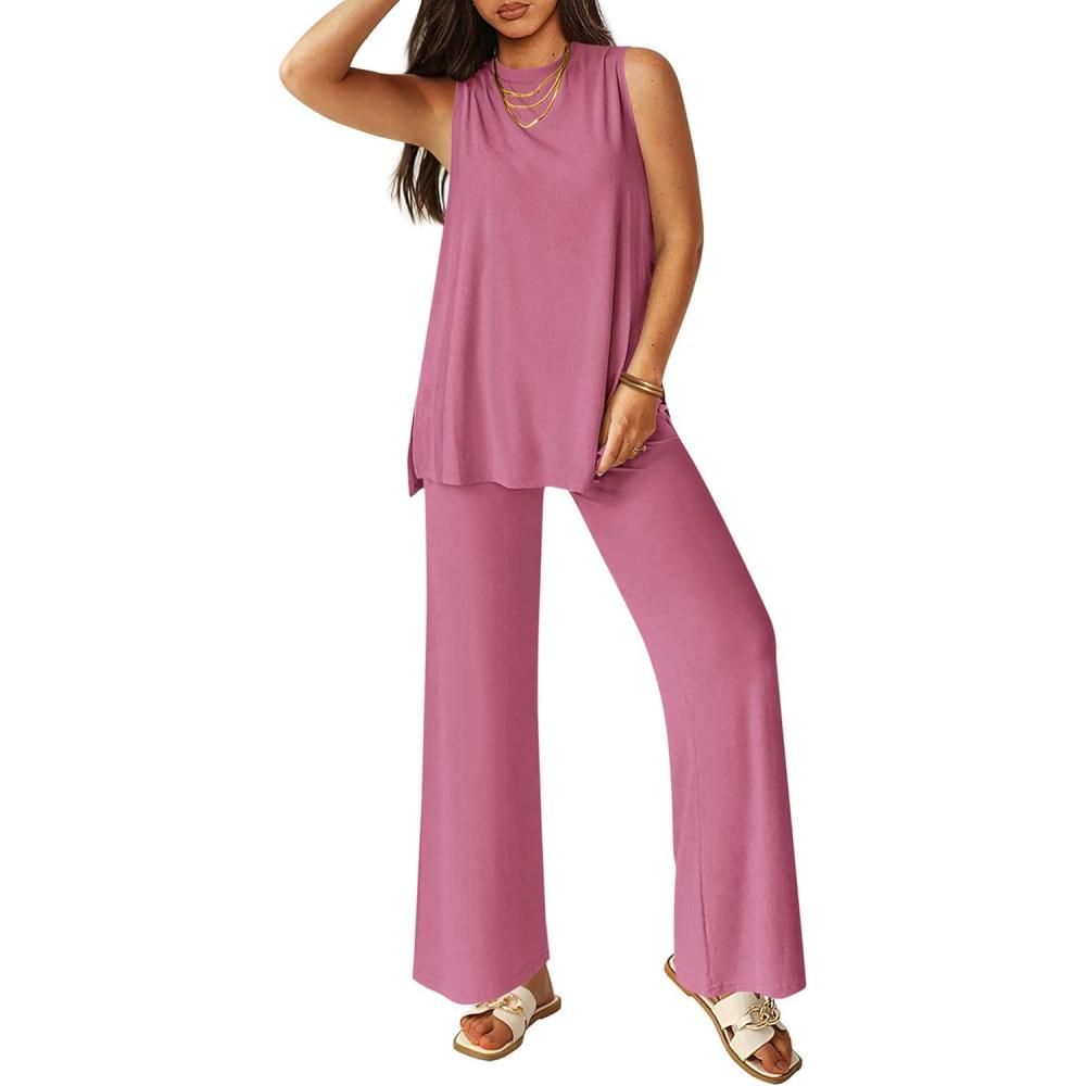 imagePRETTYGARDEN Womens 2 Piece Lounge Set 2026 Summer Casual Tank Top Wide Leg Pants Matching Travel Outfits Clothes TracksuitPink
