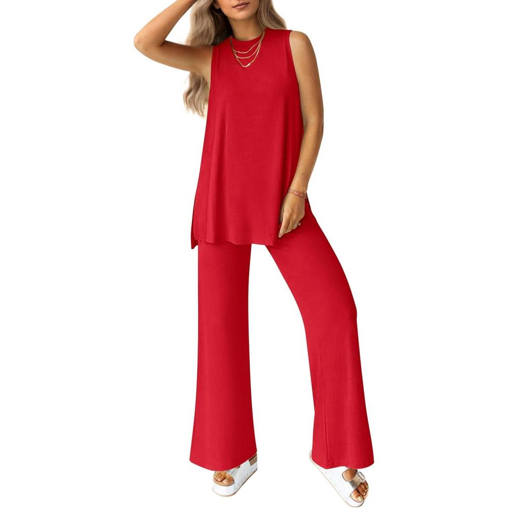 imagePRETTYGARDEN Womens 2 Piece Lounge Set 2026 Summer Casual Tank Top Wide Leg Pants Matching Travel Outfits Clothes TracksuitRed