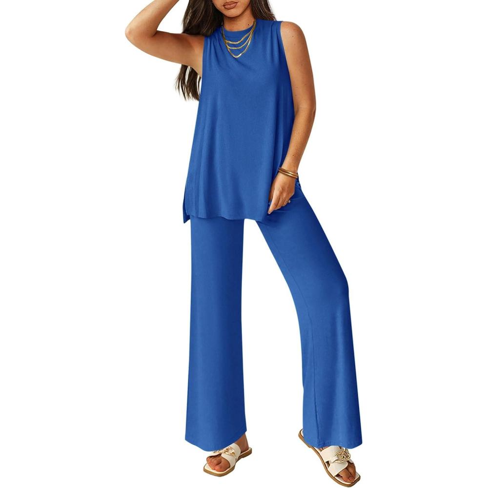imagePRETTYGARDEN Womens 2 Piece Lounge Set 2026 Summer Casual Tank Top Wide Leg Pants Matching Travel Outfits Clothes TracksuitRoyal Blue