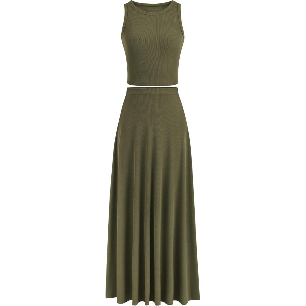 imagePRETTYGARDEN Womens 2 Piece Maxi Skirt Sets Casual Summer Knit Cropped Tank Top High Waisted Long Skirts OutfitArmy Green
