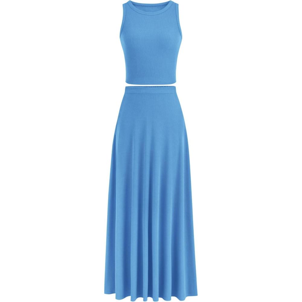 imagePRETTYGARDEN Womens 2 Piece Maxi Skirt Sets Casual Summer Knit Cropped Tank Top High Waisted Long Skirts OutfitBlue