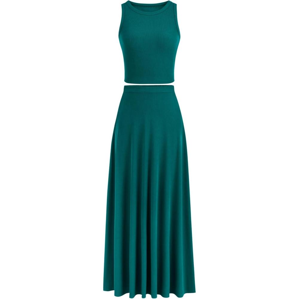 imagePRETTYGARDEN Womens 2 Piece Maxi Skirt Sets Casual Summer Knit Cropped Tank Top High Waisted Long Skirts OutfitBlue Green