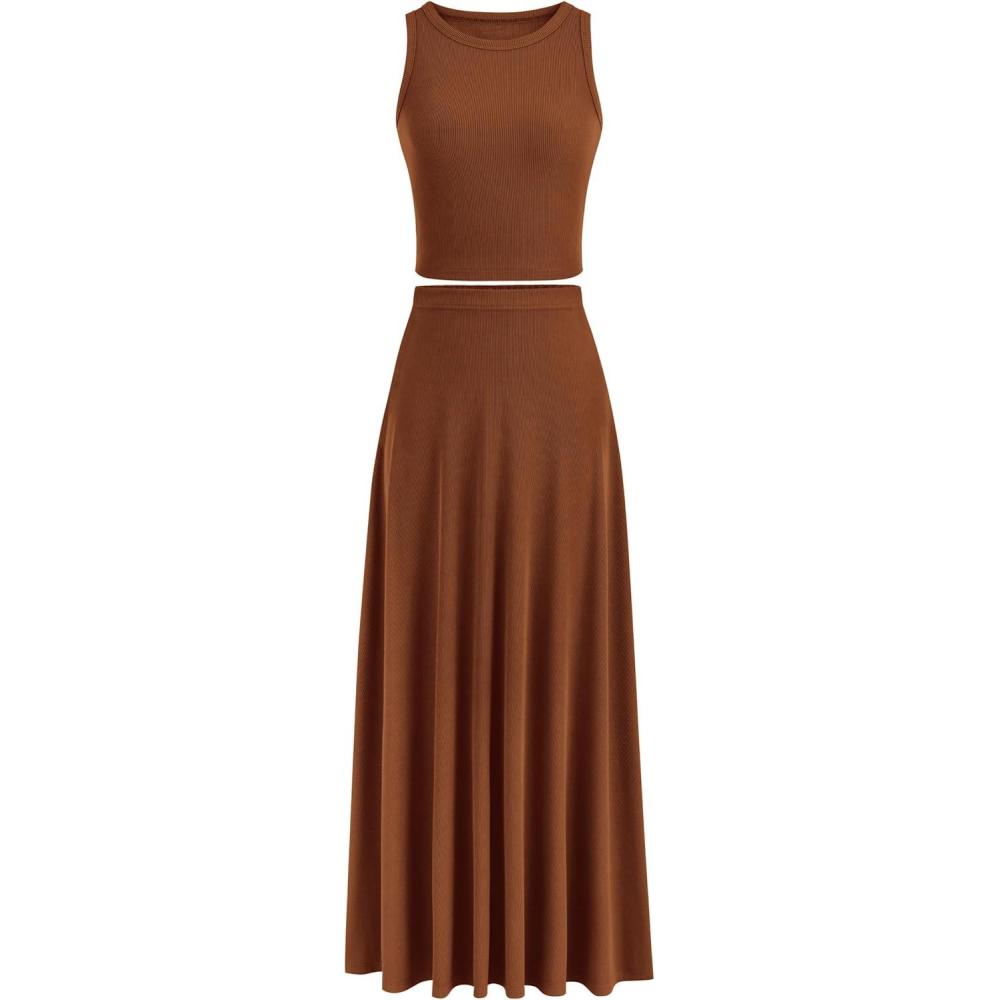 imagePRETTYGARDEN Womens 2 Piece Maxi Skirt Sets Casual Summer Knit Cropped Tank Top High Waisted Long Skirts OutfitBrown