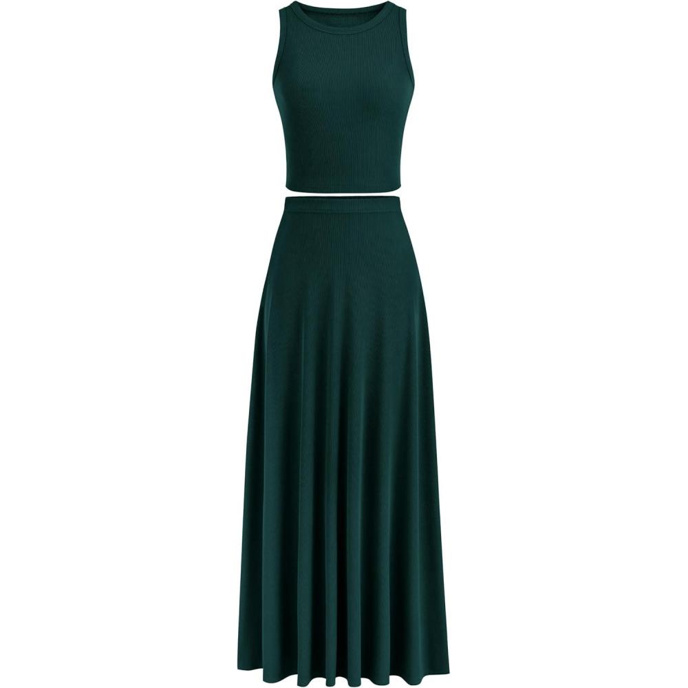 imagePRETTYGARDEN Womens 2 Piece Maxi Skirt Sets Casual Summer Knit Cropped Tank Top High Waisted Long Skirts OutfitDark Green
