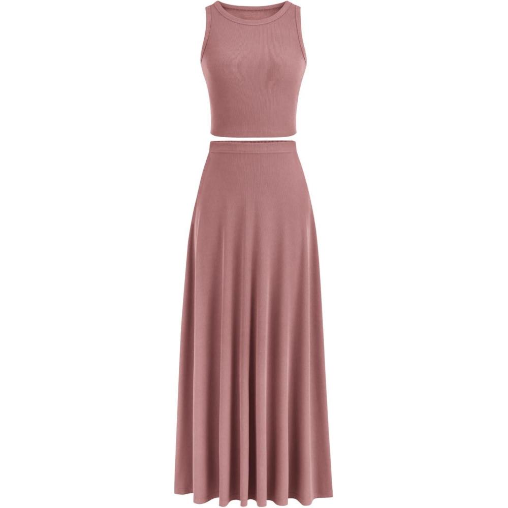 imagePRETTYGARDEN Womens 2 Piece Maxi Skirt Sets Casual Summer Knit Cropped Tank Top High Waisted Long Skirts OutfitDusty Pink