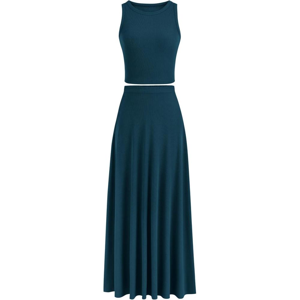 imagePRETTYGARDEN Womens 2 Piece Maxi Skirt Sets Casual Summer Knit Cropped Tank Top High Waisted Long Skirts OutfitLake Blue