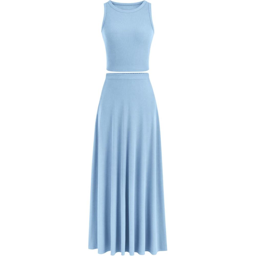 imagePRETTYGARDEN Womens 2 Piece Maxi Skirt Sets Casual Summer Knit Cropped Tank Top High Waisted Long Skirts OutfitLight Blue