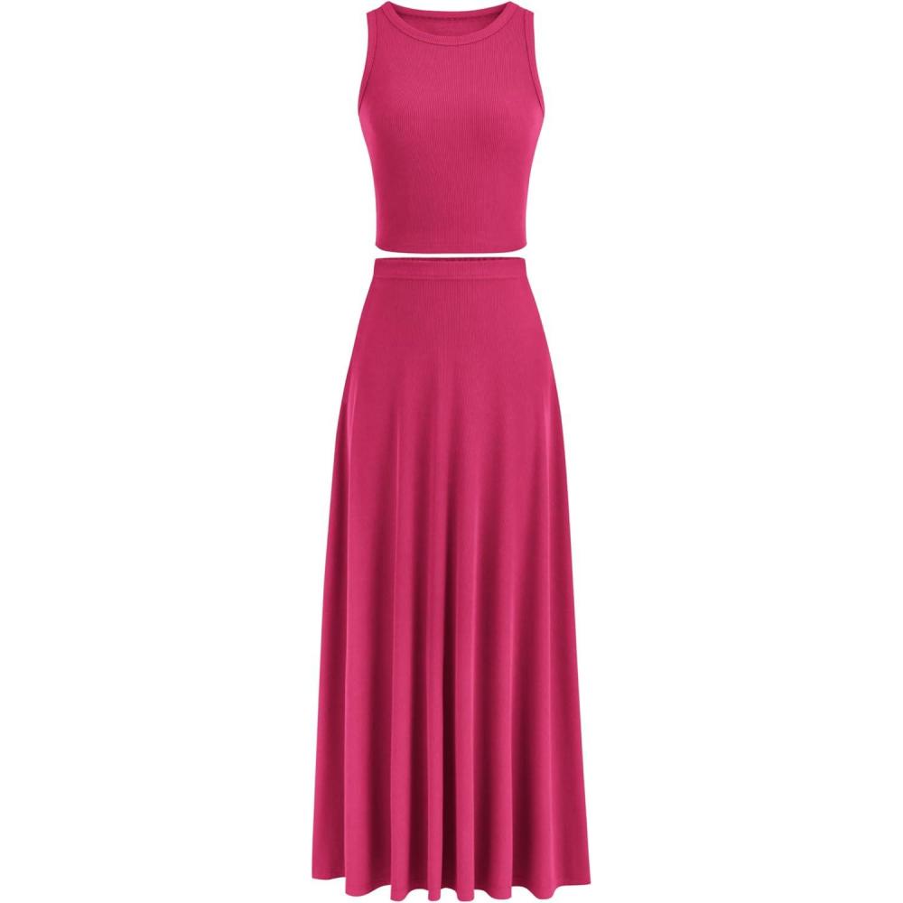 imagePRETTYGARDEN Womens 2 Piece Maxi Skirt Sets Casual Summer Knit Cropped Tank Top High Waisted Long Skirts OutfitRose Red