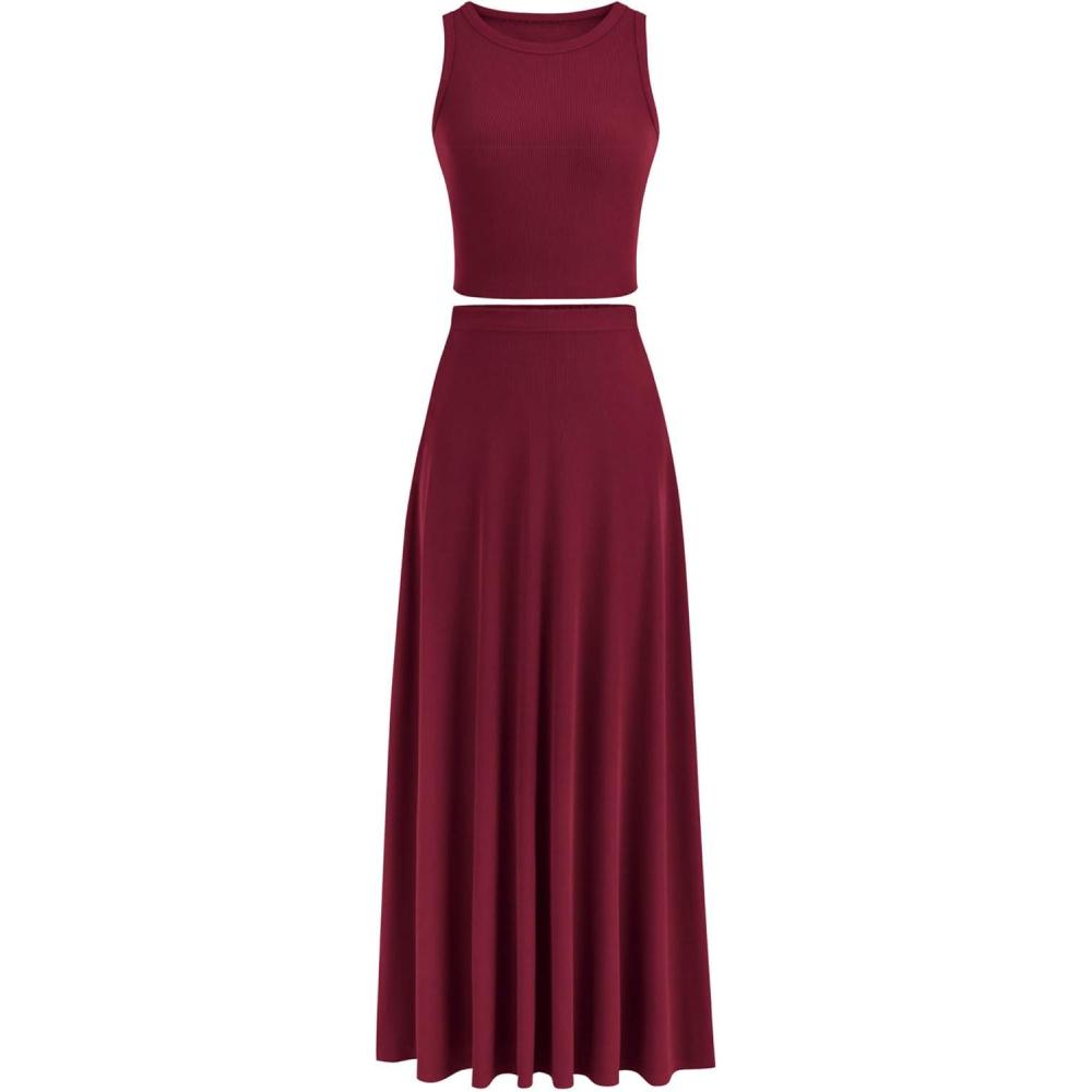 imagePRETTYGARDEN Womens 2 Piece Maxi Skirt Sets Casual Summer Knit Cropped Tank Top High Waisted Long Skirts OutfitWine Red