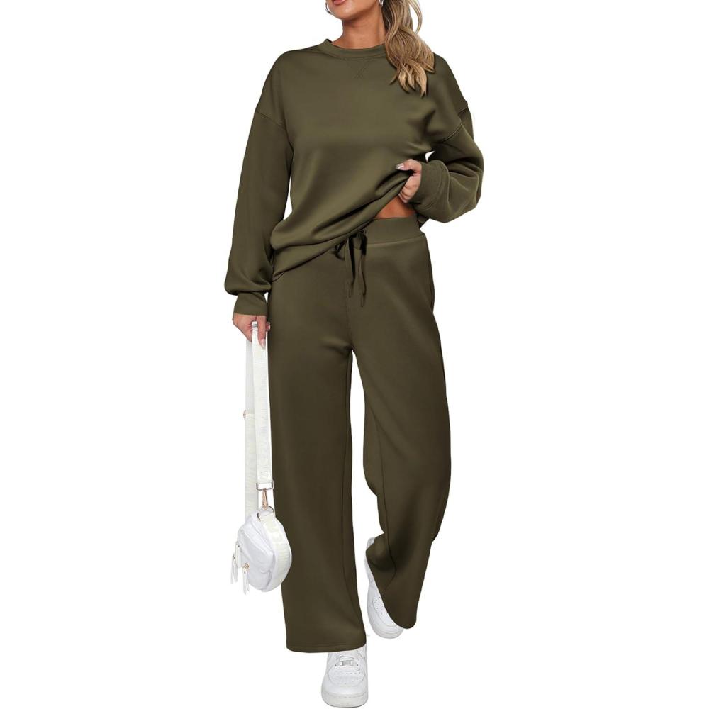 imagePRETTYGARDEN Womens 2 Piece Outfits 2026 Fall Long Sleeve Sweatshirt Wide Leg Pants Lounge Sets Winter Sweatsuits TracksuitArmy Green