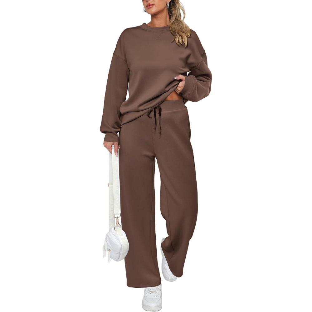 imagePRETTYGARDEN Womens 2 Piece Outfits 2026 Fall Long Sleeve Sweatshirt Wide Leg Pants Lounge Sets Winter Sweatsuits TracksuitBrown