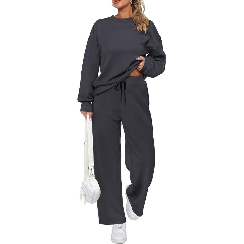 imagePRETTYGARDEN Womens 2 Piece Outfits 2026 Fall Long Sleeve Sweatshirt Wide Leg Pants Lounge Sets Winter Sweatsuits TracksuitDark Grey