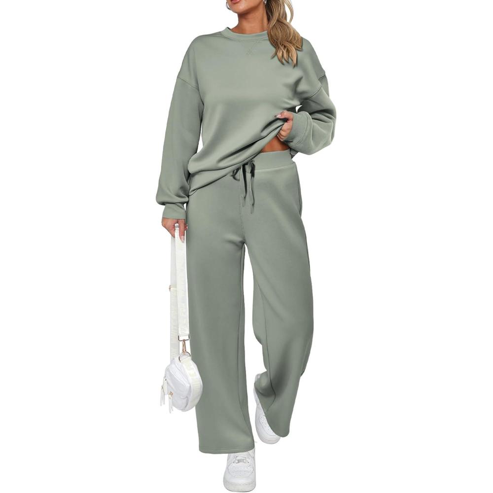 imagePRETTYGARDEN Womens 2 Piece Outfits 2026 Fall Long Sleeve Sweatshirt Wide Leg Pants Lounge Sets Winter Sweatsuits TracksuitLight Green