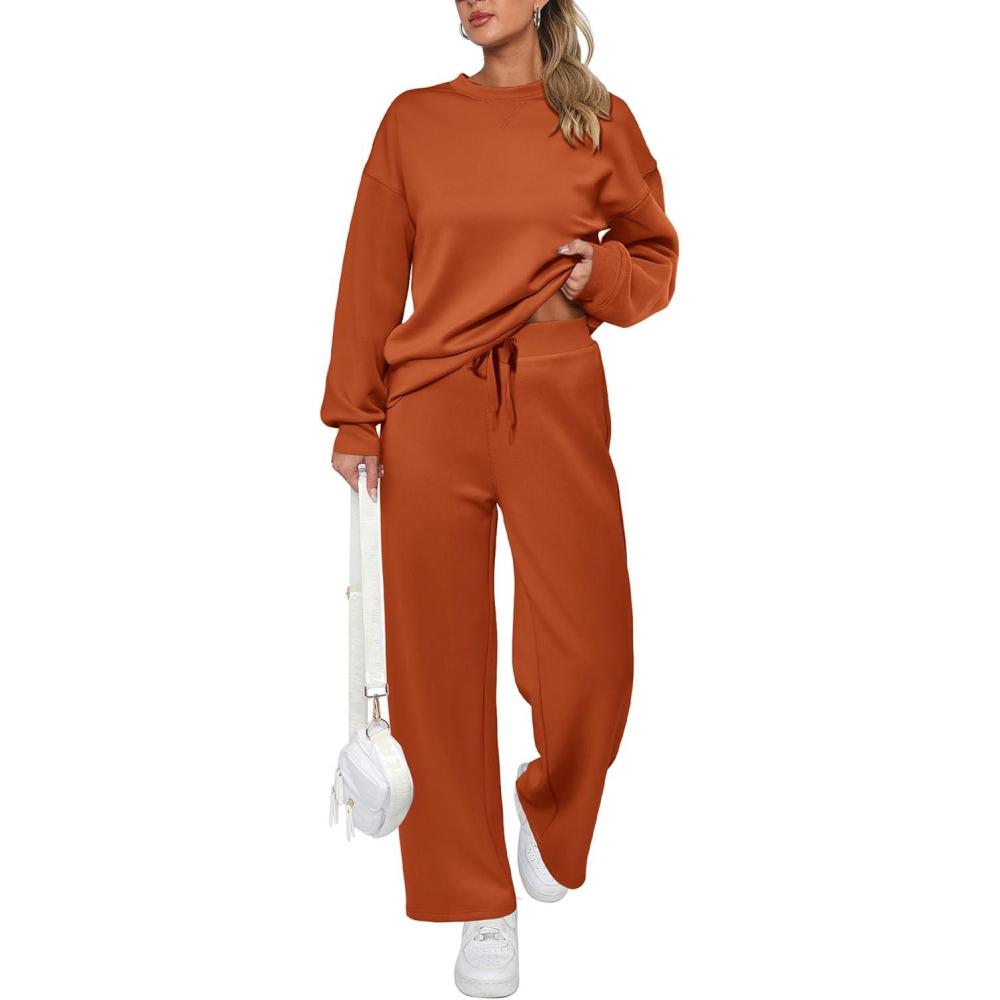 imagePRETTYGARDEN Womens 2 Piece Outfits 2026 Fall Long Sleeve Sweatshirt Wide Leg Pants Lounge Sets Winter Sweatsuits TracksuitOrange