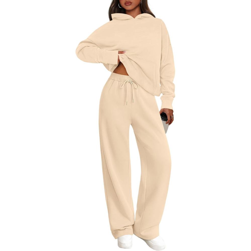 imagePRETTYGARDEN Womens 2 Piece Outfits Fall Sweatsuits Oversized Hoodies Wide Leg Sweatpants Tracksuits Lounge Matching SetsBeige