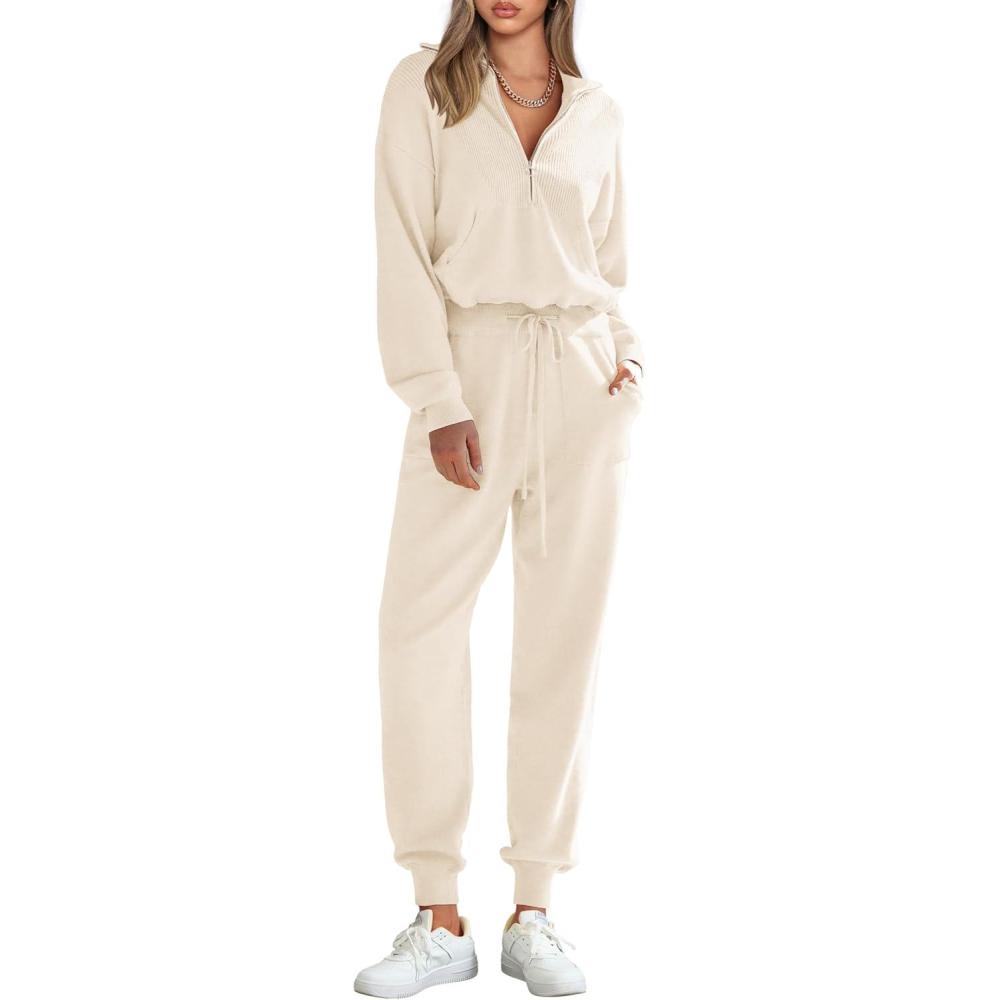 imagePRETTYGARDEN Womens 2 Piece Sweater Set Pullover Zip Up Sweatshirt Jogger Sweatpants Tracksuit Casual OutfitBeige