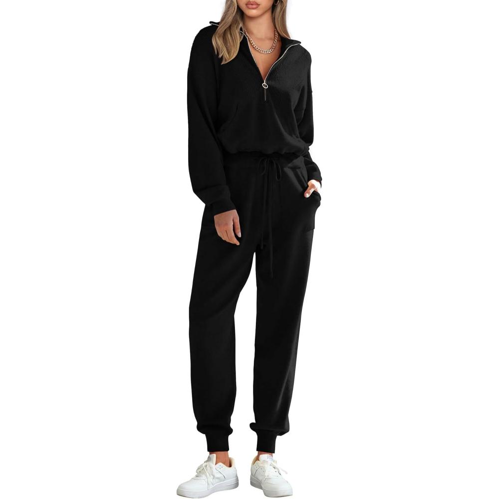 imagePRETTYGARDEN Womens 2 Piece Sweater Set Pullover Zip Up Sweatshirt Jogger Sweatpants Tracksuit Casual OutfitBlack