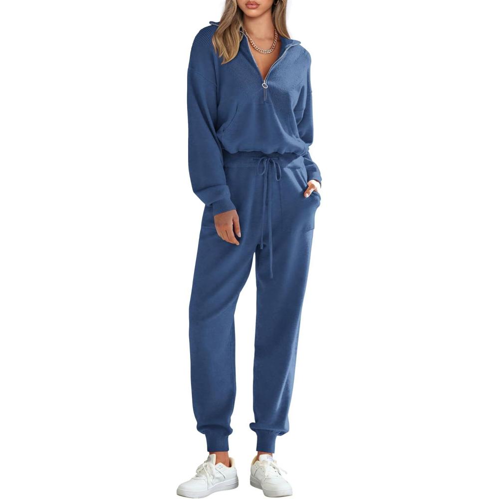 imagePRETTYGARDEN Womens 2 Piece Sweater Set Pullover Zip Up Sweatshirt Jogger Sweatpants Tracksuit Casual OutfitBlue
