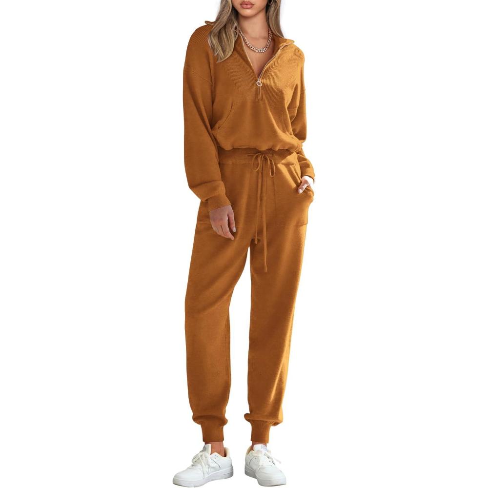 imagePRETTYGARDEN Womens 2 Piece Sweater Set Pullover Zip Up Sweatshirt Jogger Sweatpants Tracksuit Casual OutfitCaramel
