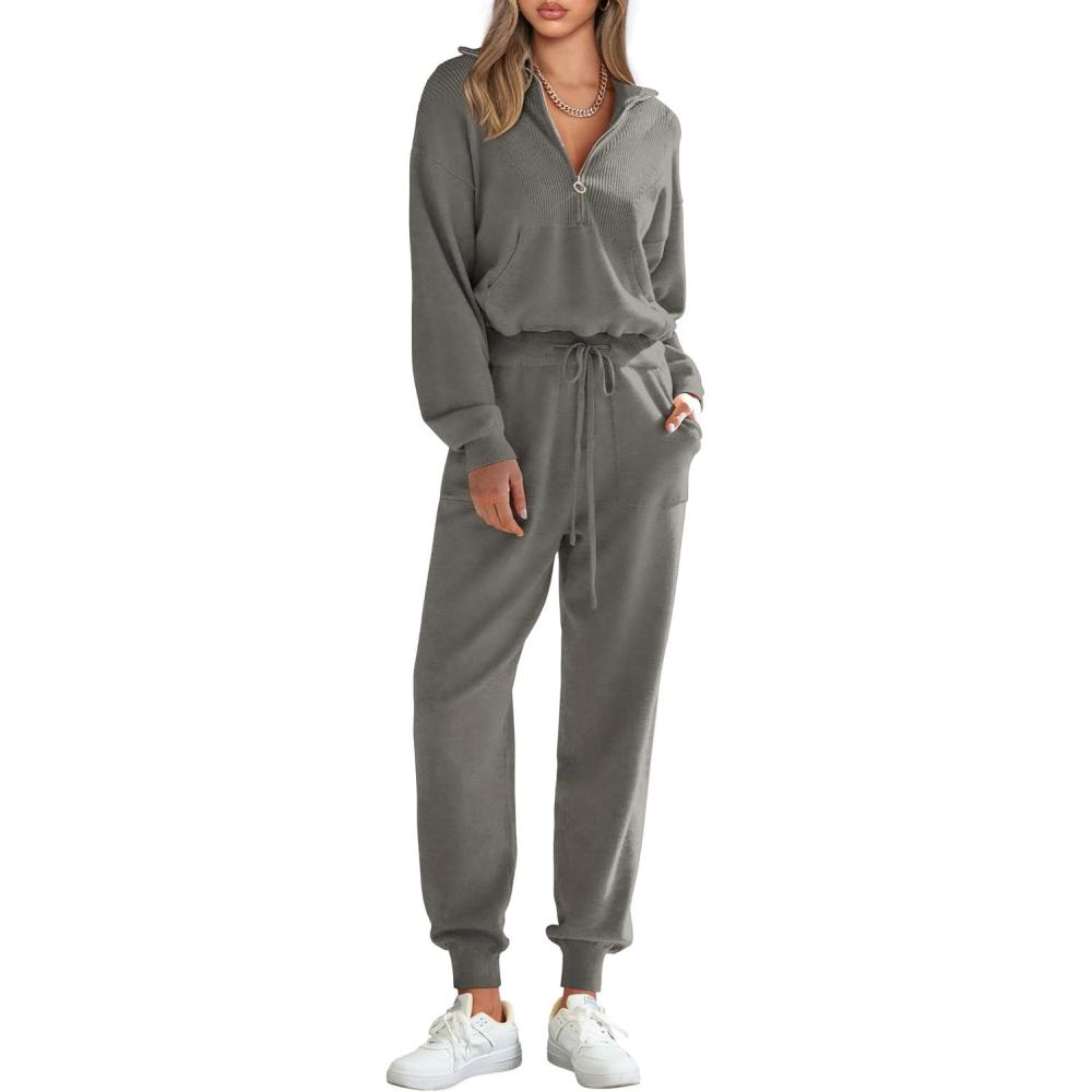 imagePRETTYGARDEN Womens 2 Piece Sweater Set Pullover Zip Up Sweatshirt Jogger Sweatpants Tracksuit Casual OutfitDark Grey