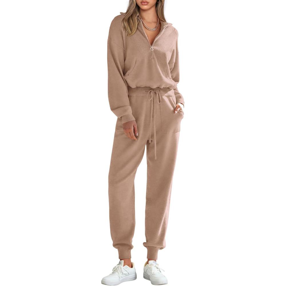 imagePRETTYGARDEN Womens 2 Piece Sweater Set Pullover Zip Up Sweatshirt Jogger Sweatpants Tracksuit Casual OutfitKhaki