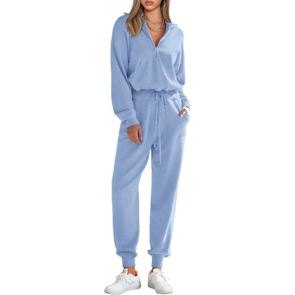 imagePRETTYGARDEN Womens 2 Piece Sweater Set Pullover Zip Up Sweatshirt Jogger Sweatpants Tracksuit Casual OutfitLight Blue