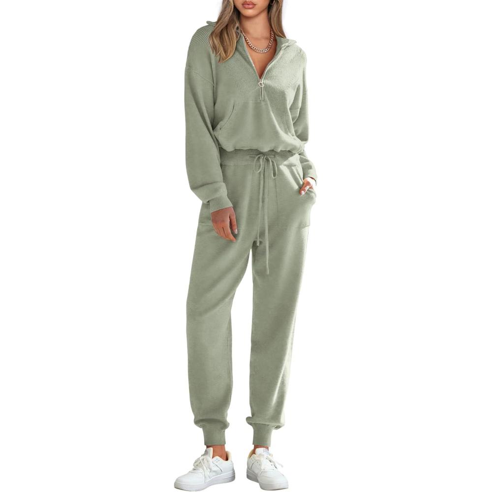 imagePRETTYGARDEN Womens 2 Piece Sweater Set Pullover Zip Up Sweatshirt Jogger Sweatpants Tracksuit Casual OutfitLight Green