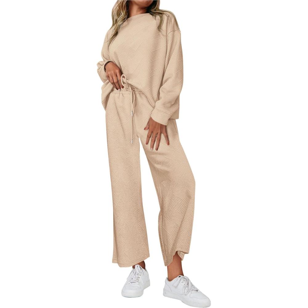 imagePRETTYGARDEN Womens 2025 Fall 2 Piece Outfits Long Sleeve Pullover Tops Wide Leg Pants Matching Lounge Sets Fashion ClothingApricot