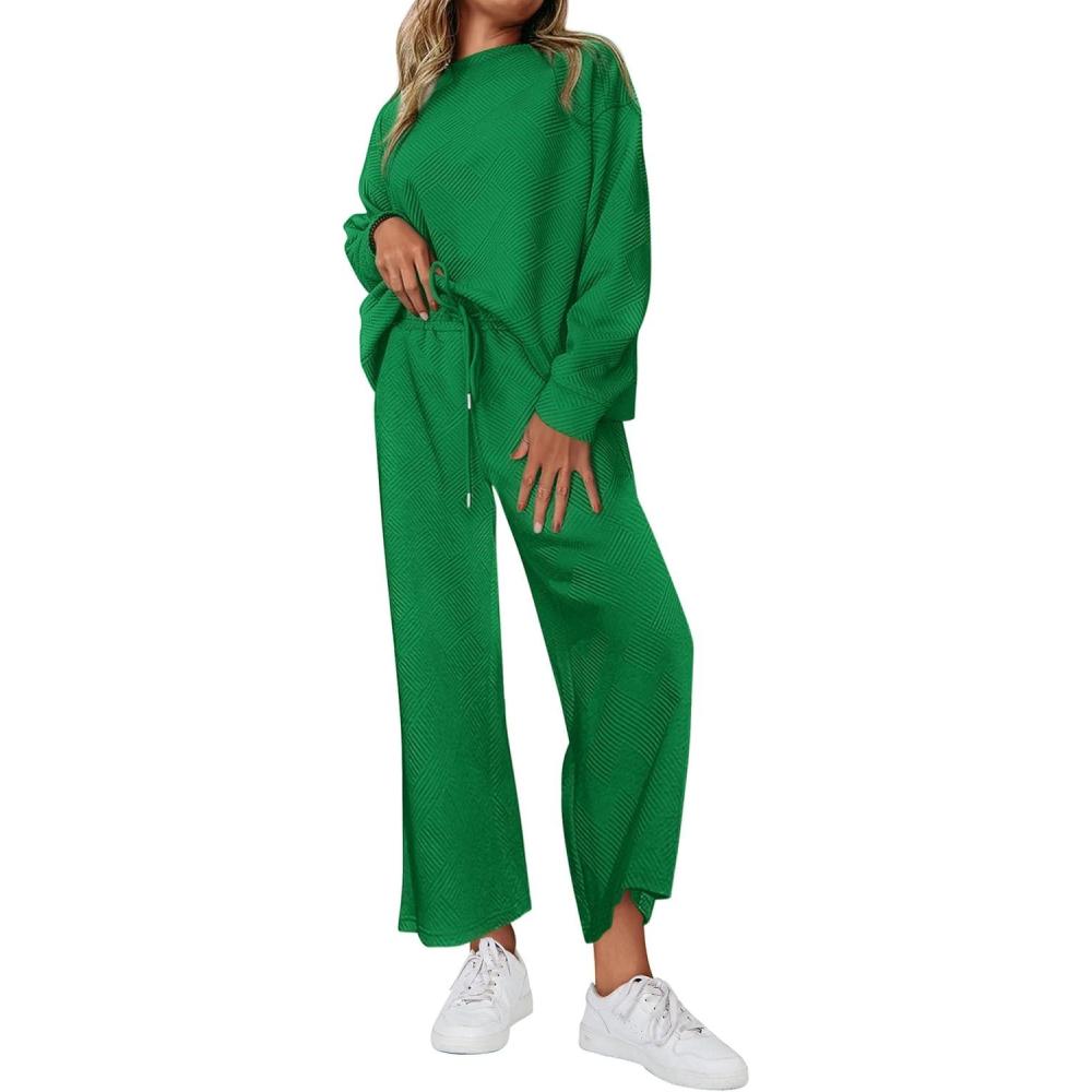 imagePRETTYGARDEN Womens 2025 Fall 2 Piece Outfits Long Sleeve Pullover Tops Wide Leg Pants Matching Lounge Sets Fashion ClothingGreen