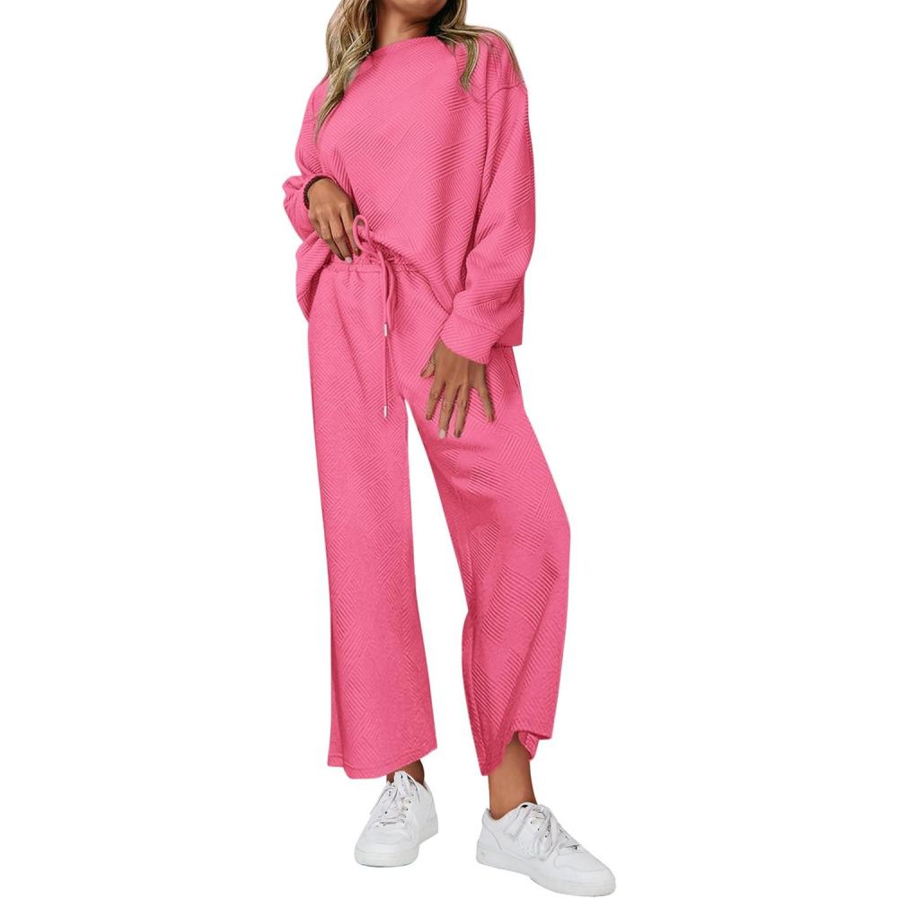 imagePRETTYGARDEN Womens 2025 Fall 2 Piece Outfits Long Sleeve Pullover Tops Wide Leg Pants Matching Lounge Sets Fashion ClothingPink