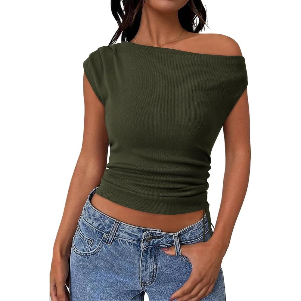 imagePRETTYGARDEN Womens 2025 Summer Off The Shoulder Crop Cute Tops Sleeveless One Shoulder Ruched Y2K Going Out Tank TopDark Army Green