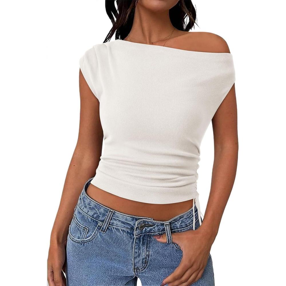 imagePRETTYGARDEN Womens 2025 Summer Off The Shoulder Crop Cute Tops Sleeveless One Shoulder Ruched Y2K Going Out Tank TopWhite