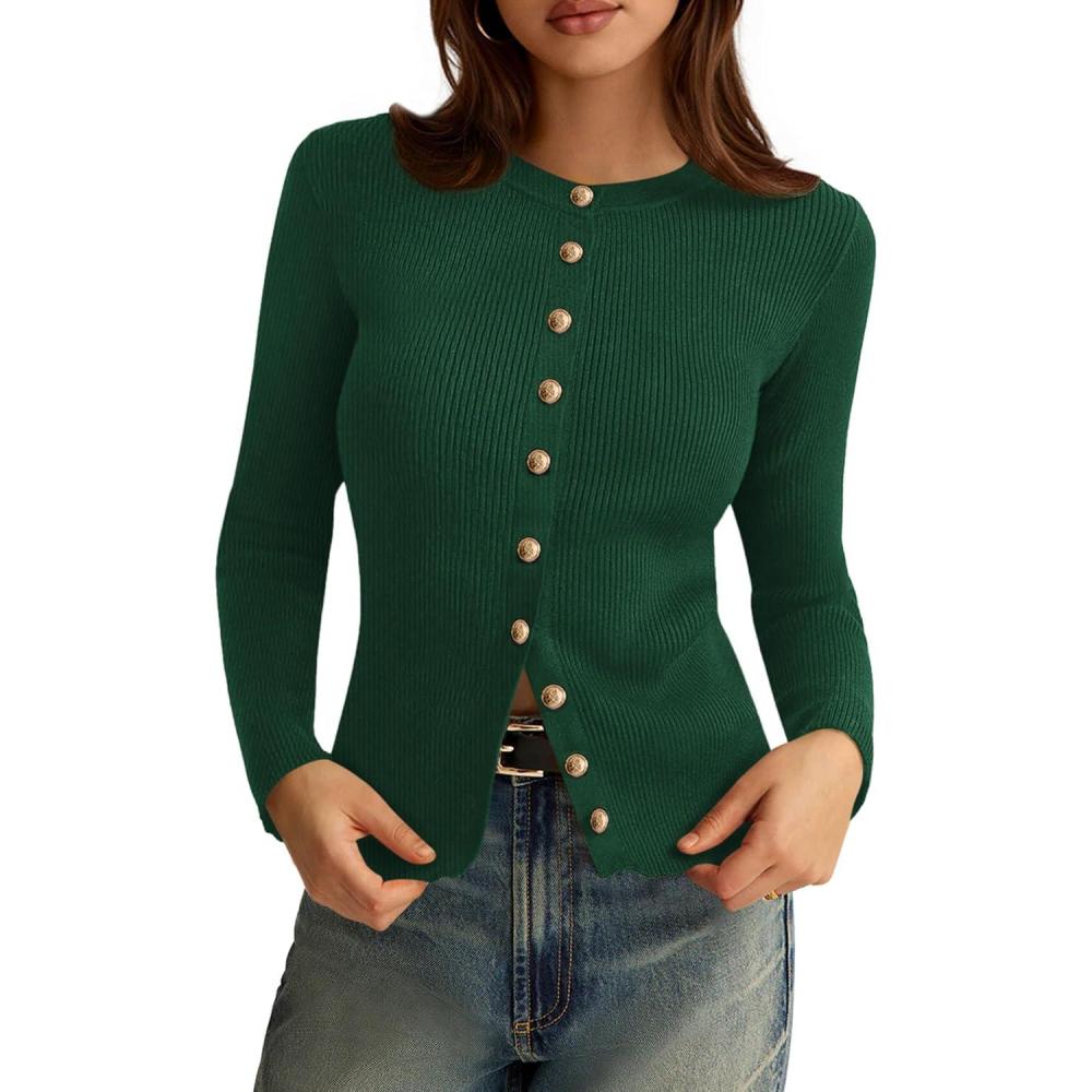 imagePRETTYGARDEN Womens 2026 Fall Cardigan Sweaters Lightweight Long Sleeve Button up Ribbed Knit Tops Winter Fashion ClothesDark Green