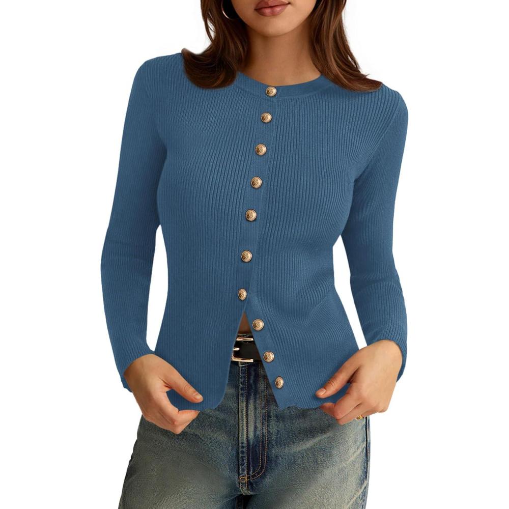 imagePRETTYGARDEN Womens 2026 Fall Cardigan Sweaters Lightweight Long Sleeve Button up Ribbed Knit Tops Winter Fashion ClothesDusty Blue